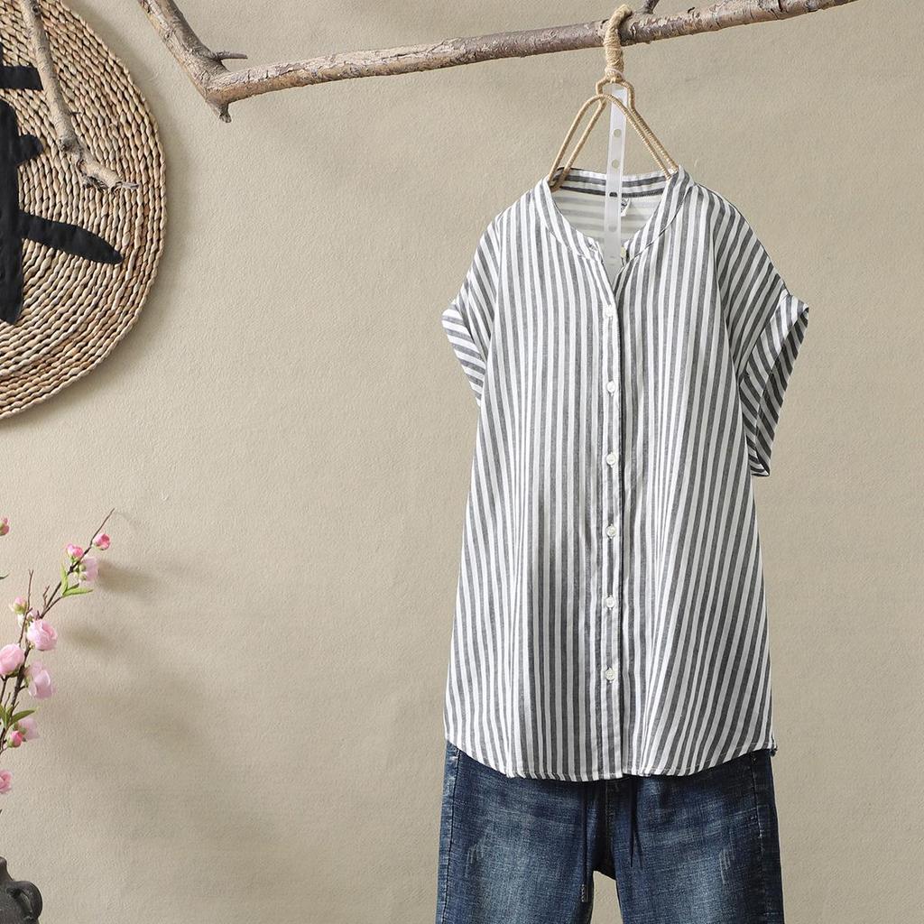 Japanese Minimalist Plaid Women's Sleeveless Stand Collar Shirt & Classic Short Sleeve Shirt