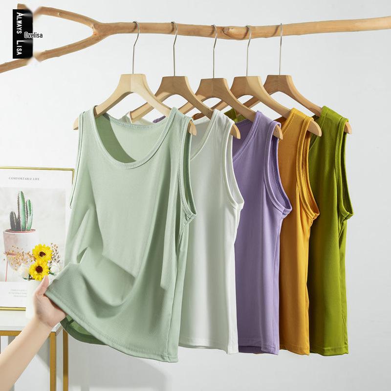 Women's Plus Size Ice Silk Ribbed Sleeveless Tank Top with Wide Shoulders, Round Neck, Ideal for Summer Outerwear or Innerwear.