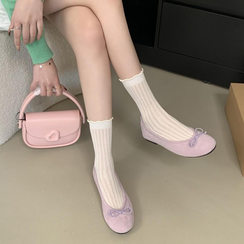 Spring and summer 2025 new bow suede shallow mouth single shoes round head comfortable soft sole not tired feet Doudou women's shoes