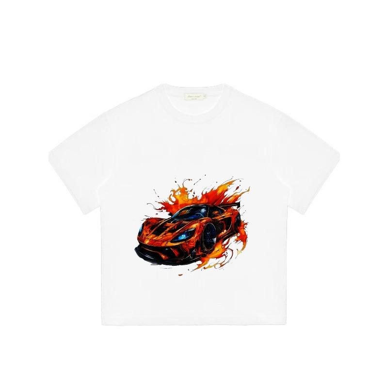 Black T Shirt with Flame Racing Car Print for Casual Wear