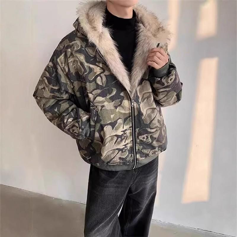 Męska Oversize'owa Pikowana Kurtka Bawełniana z Kapturem Kamuflażowa Zimowa Ciepła Luźny Krój Streetwear Płaszcz