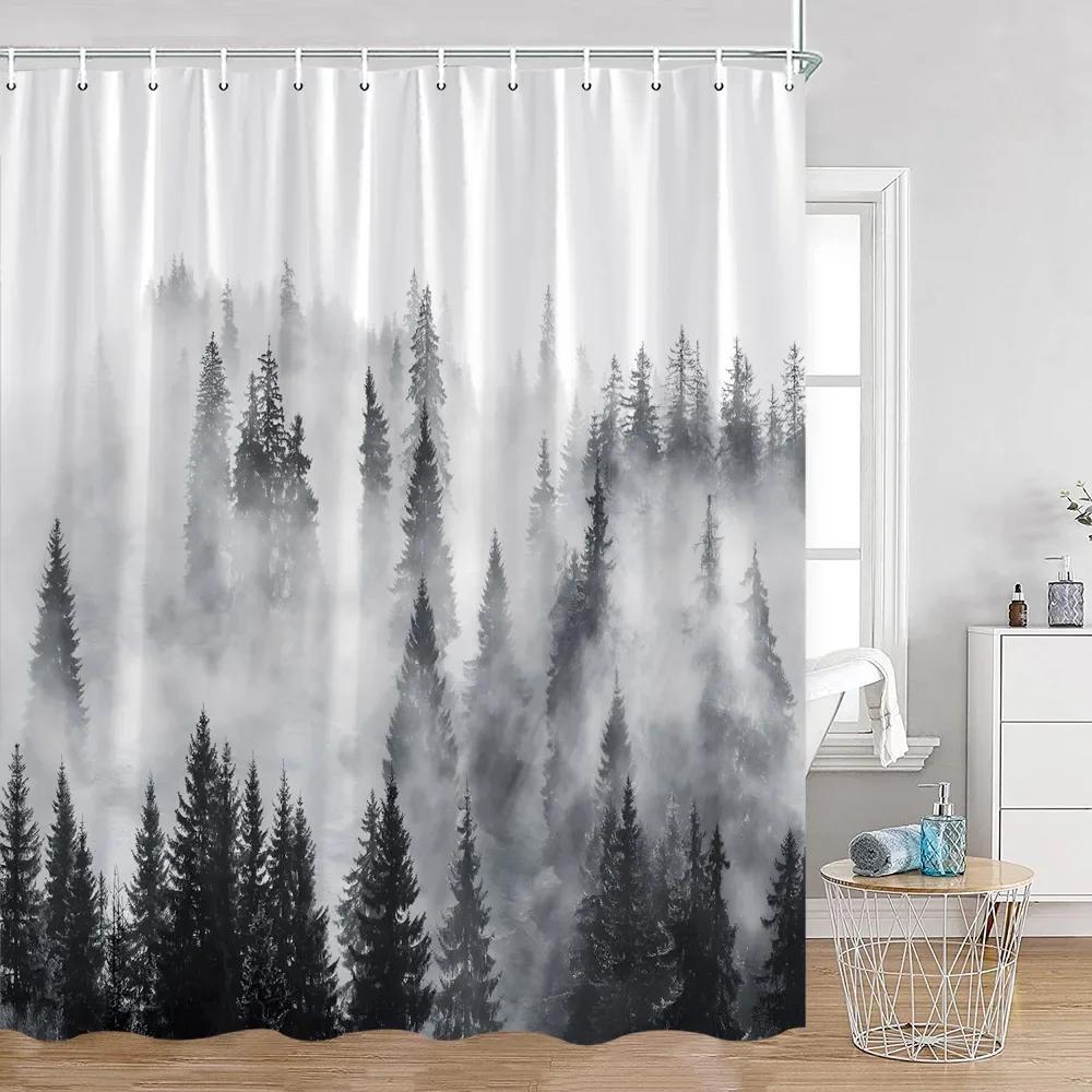 Mist Forest Shower Curtain Snow-capped Pines Nature Landscape Simple Bathroom Decorative Modern Polyester Shower Curtain