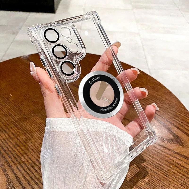 Luxusní pokovený magnetický průhledný kryt pro Samsung Galaxy S25 S24 Ultra S23 FE S22 Plus S21 Note 20 Nárazuvzdorný kryt s ochranou objektivu