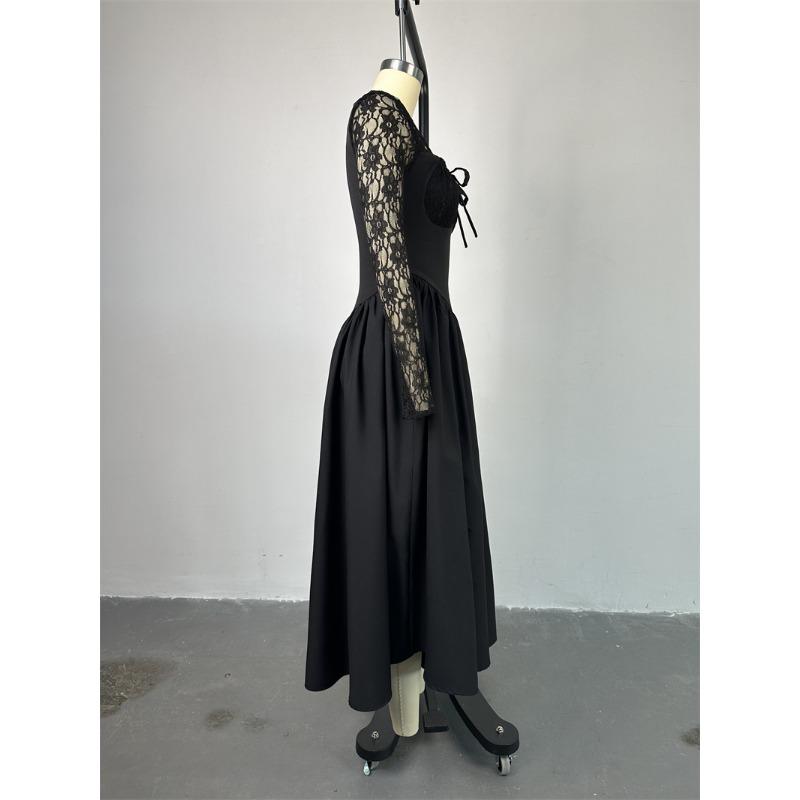 Damenkleid Frühling und Herbst Temperament Quadratischer Ausschnitt Spitze Langärmlig Tailliert Einfarbig Midilänge Kleider