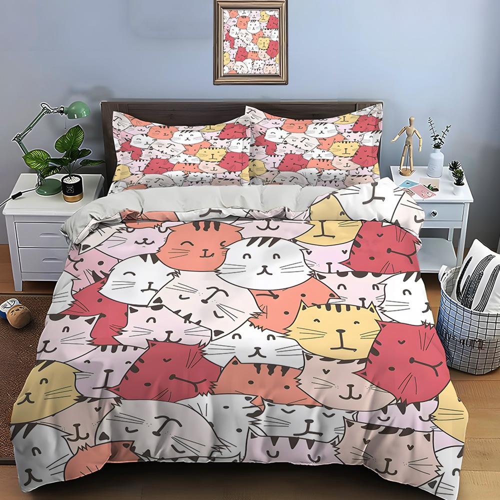3pcs Cartoon cat face collage Print Bedding Set 1 Duvet Cover 2 Pillowcases for Adult and Children Luxury Gift Full Size