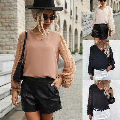 Women V-Neck Chiffon Blouse Casual Long Sleeve Loose Solid Color Shirt Office Lady Hairball Decoration Top Fashion Wear