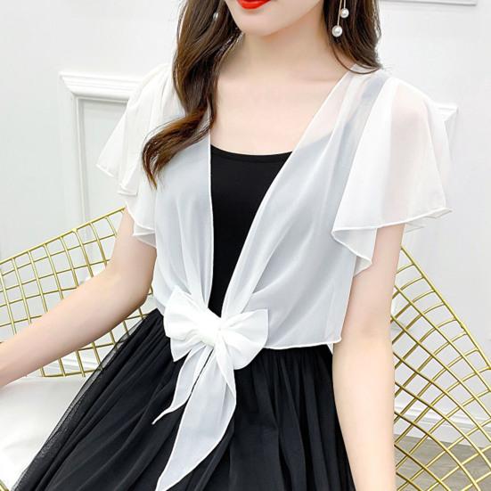 Ruffle Sleeve See-Through Front Lace-up Lady Cover-Up Chiffon Short Jacket Sunscreen