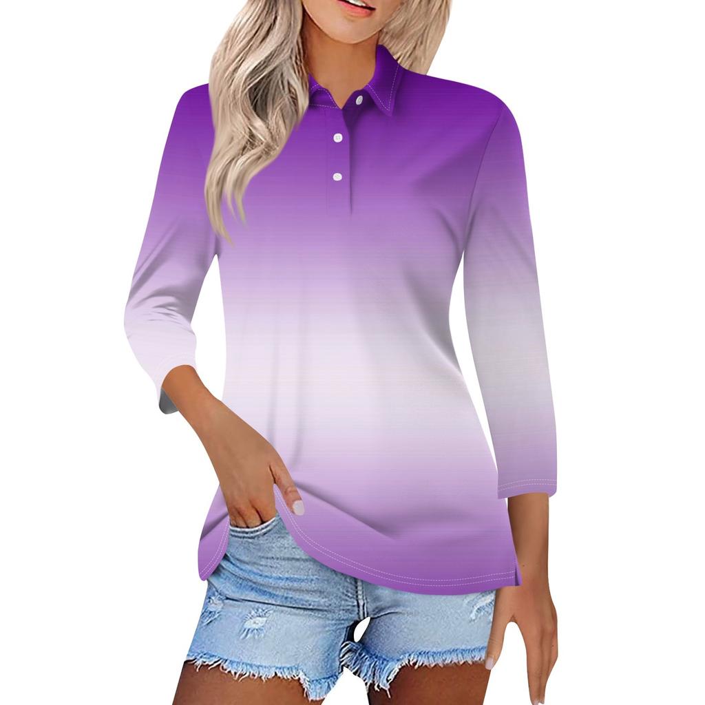 Women's Fashion Casual Lapel Short 3/4 Sleeve Printed Shirt Women's Button Up Tops