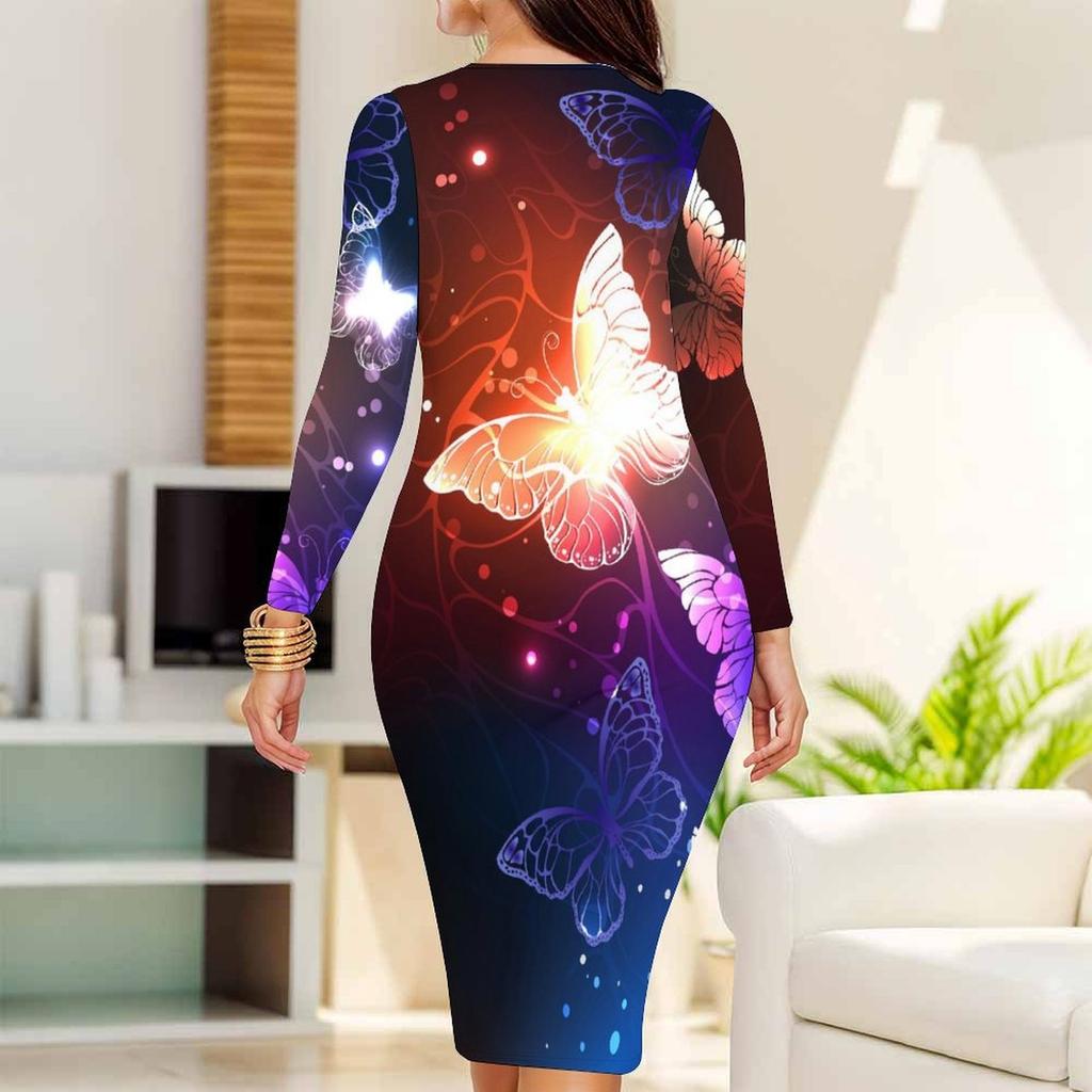 Plus Size Women Long Sleeve Round Neck Midi Dress Vibrant Butterfly Print Fitted Pencil Dress