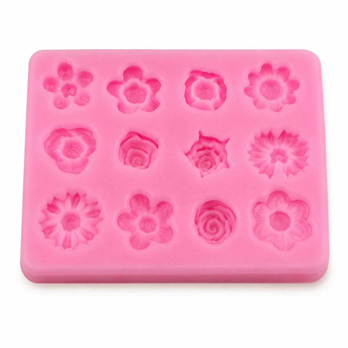 Flower Silicone Mold Pink 12-Cavity Rose Daisy Mini Blossom Shape for Cake Chocolate Fondant Clay Resin Crafts розовый