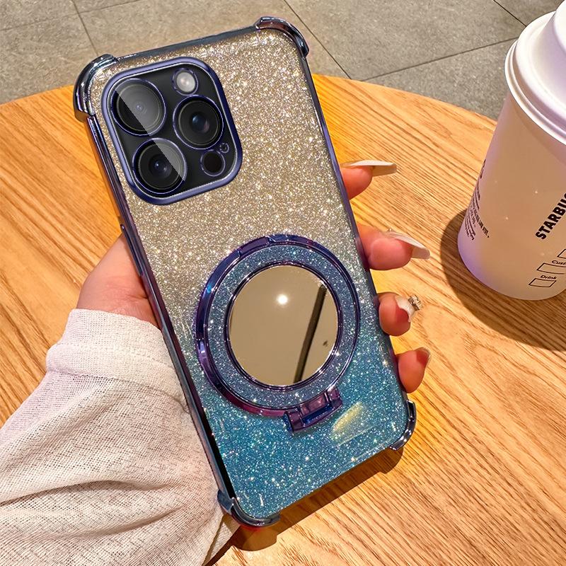 Glitter makeup mirror holder phone15promax mobile phone case Apple 14 four-corner airbag anti-drop 13 soft cover 2