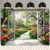 2D Spring Floral Tapestry, Window View To Tulip Garden Wall Hanging for Aesthetic Room
