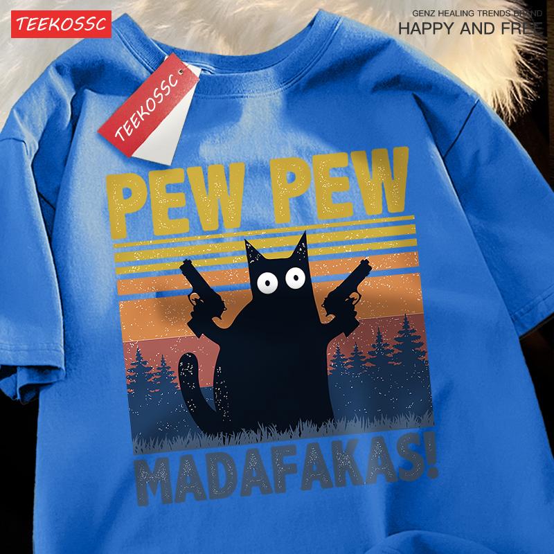 Pew Pew Madafakas Doppelpistole Katze Kurzarm Übergroße Atmungsaktive T-Shirts Baumwolle Sommerkleidung Street Casual T-Shirt Männer