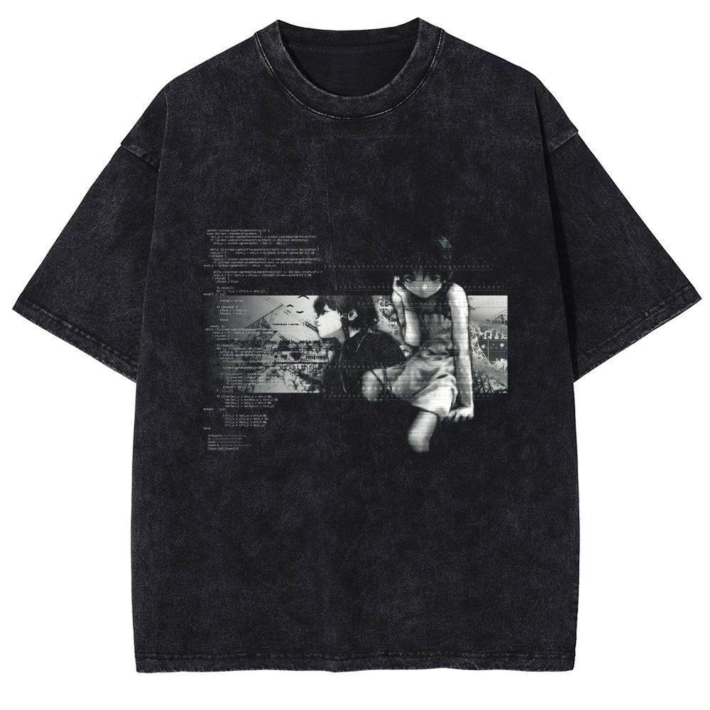 Japanese Manga Lain Print Tshirt For Men Women Clothing Harajuku Washed Oversized T Shirt Summer Cotton Short Sleeve Tee Tops