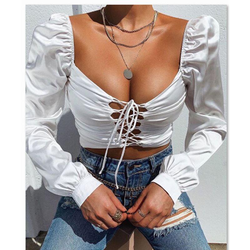 

Топ с длинным рукавом, облегающий, укороченный, на шнуровке, с плиссировкой WHITE S