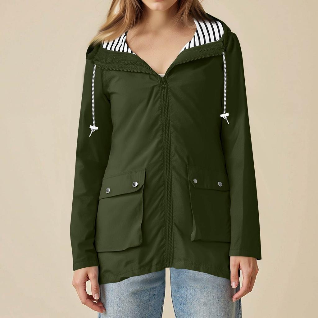 Women Stripe Rain Jacket Outdoor Plus Hooded Raincoat Windproof