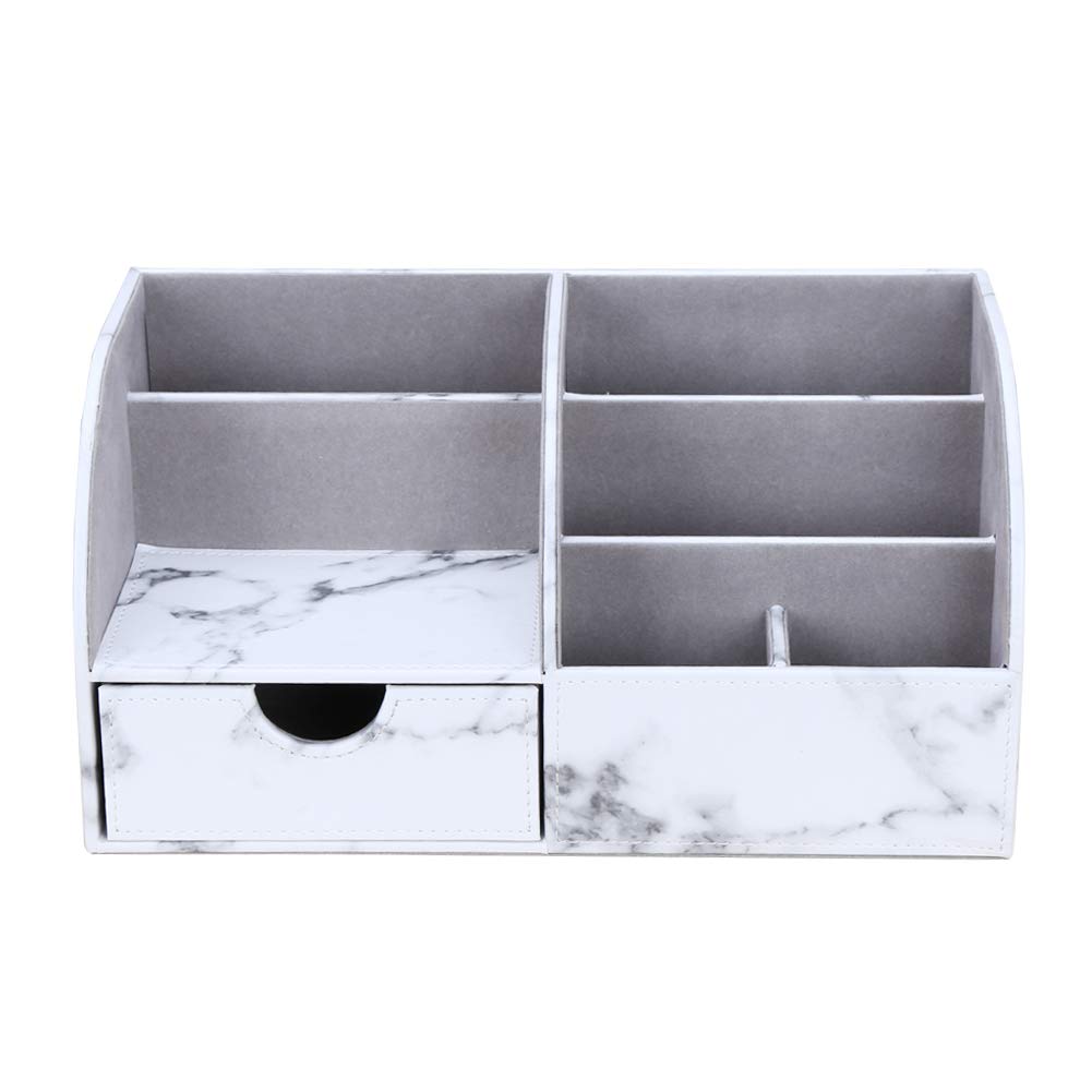 KINGFOM PU Leather Desk Storage Desktop Organizer with Drawers for Pen and Stationery Remote Small and Miscellaneous Items Marble Box/Case, Pencils,