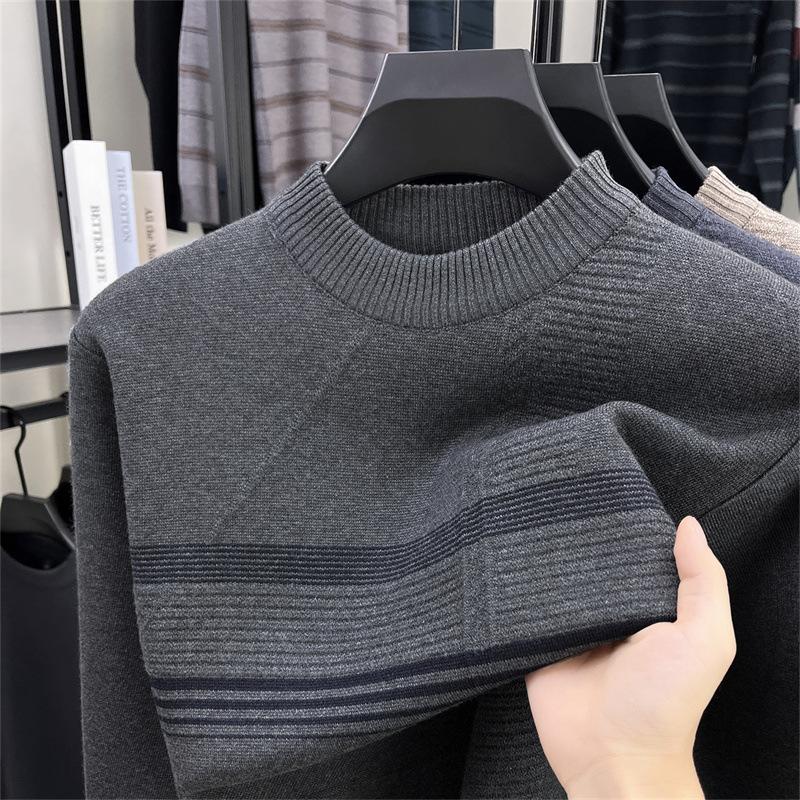 Men's Autumn Winter New Style Warm Knitwear Fake Two Piece Casual Versatile Fleece Lined Thickened Sweater Top
