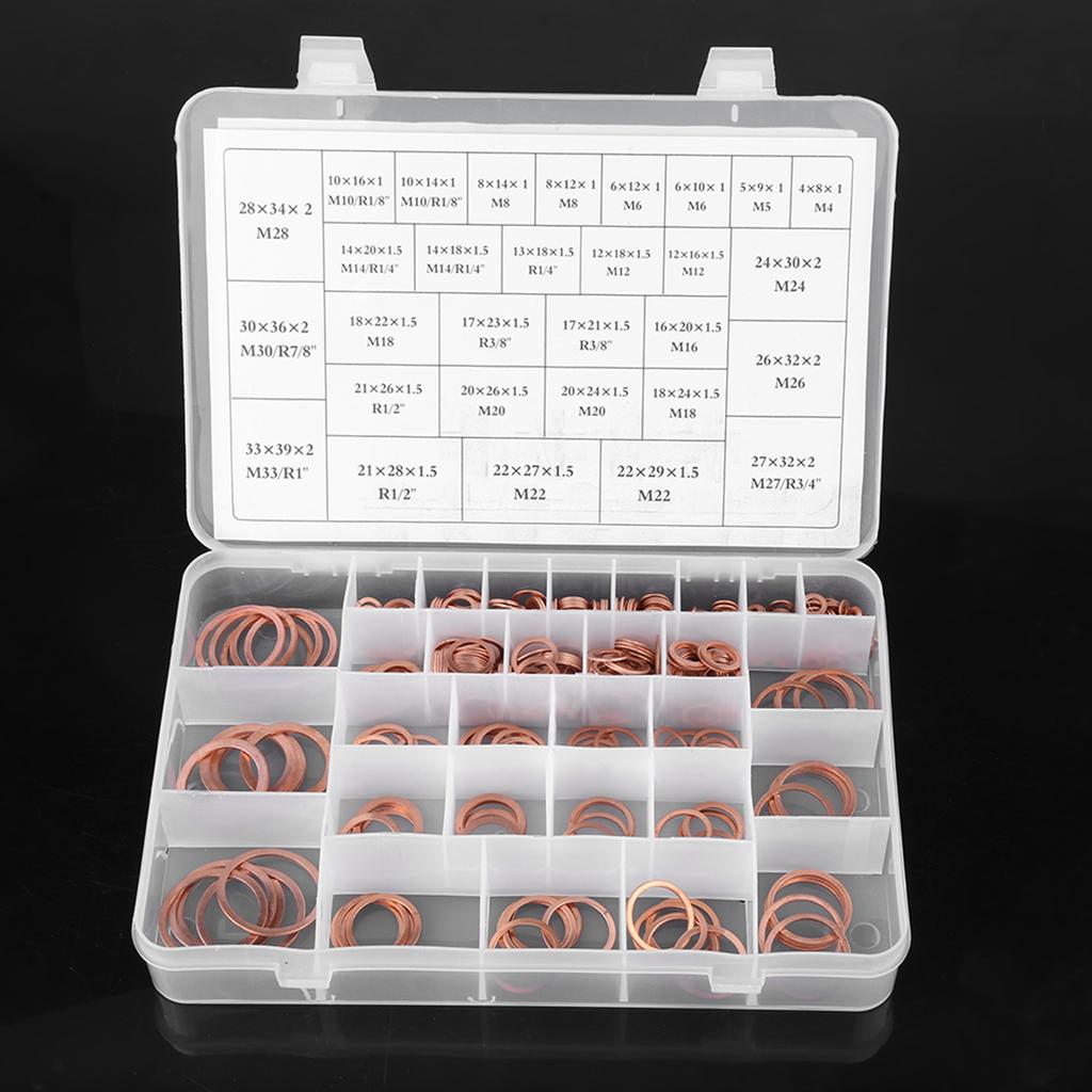 570pcs 30 Sizes Copper Washers Flat Ring Set Kit with Plastic Box