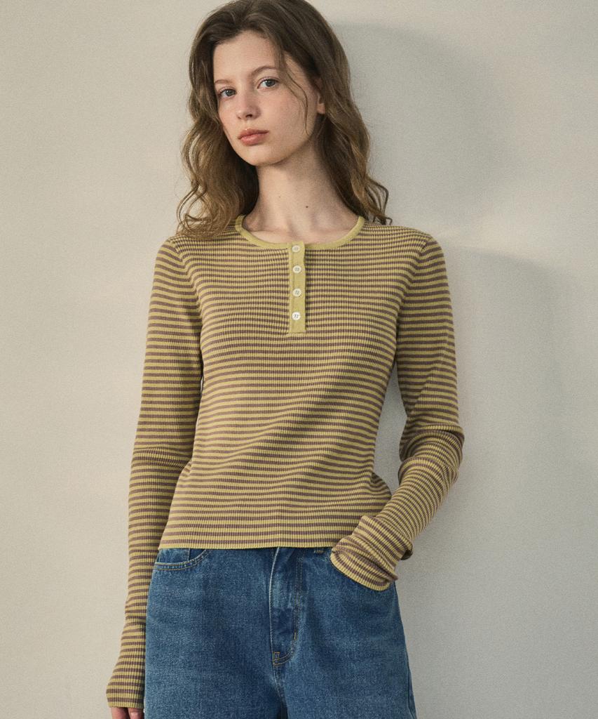 Aueonoseuteljia Chewy Ribbed Button Stripe Knit_Olive Green(Oc25-Kn02)