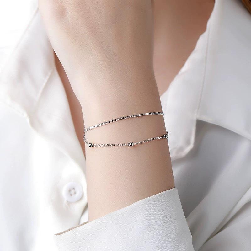Beixi S925 Sterling Silver Women s Double Layer Bracelet - Japanese Korean Forest Style, Fresh, Simple Design with Thin Chain and Round Beads. S925 Silver