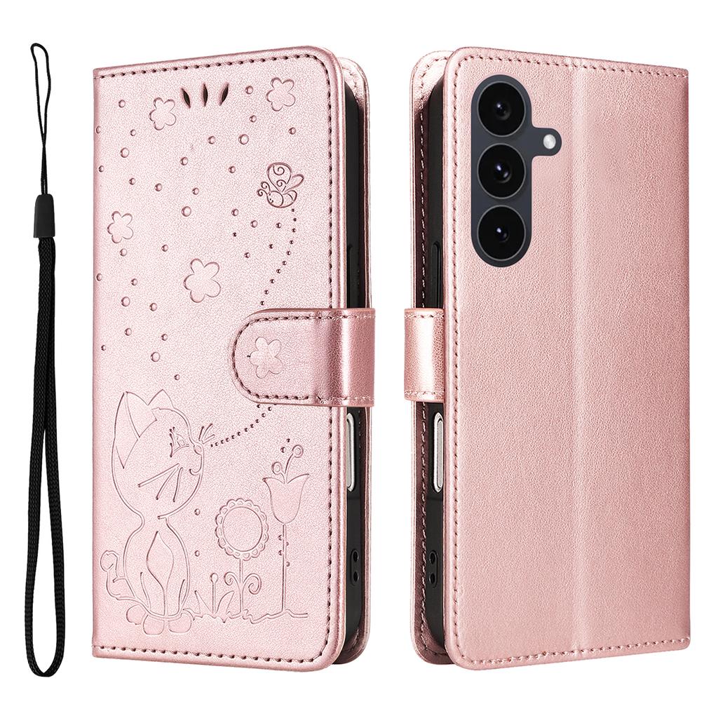 Für Samsung Galaxy S25 FE Leder Brieftasche Hülle Katze Biene Muster Handyhülle Ständer