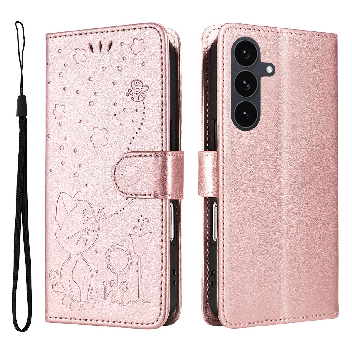

Для Samsung Galaxy S25 FE Кожаный чехол-кошелек с рисунком кошки и пчелы, подставка Rose Gold