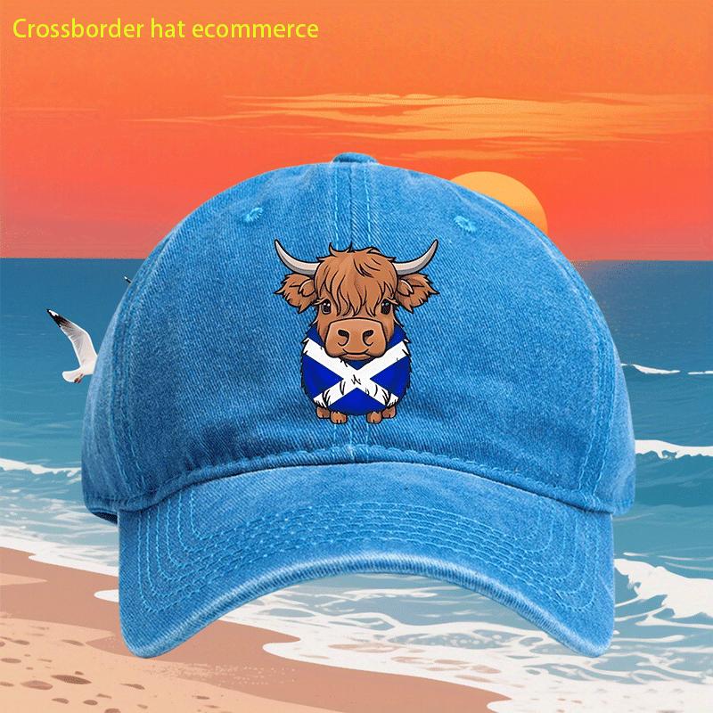 Highland Cow Scottish Flag Print Washed Baseball Cap Retro Adjustable Casual Dad Hat for Men Women