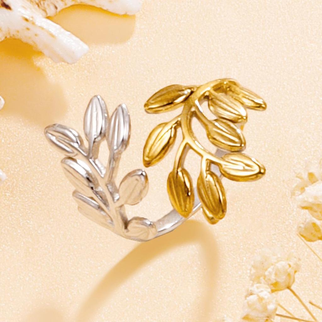 Elegant Gold Leaf Adjustable Stainless Steel Ring for Women - Durable, Fairy Forest Style