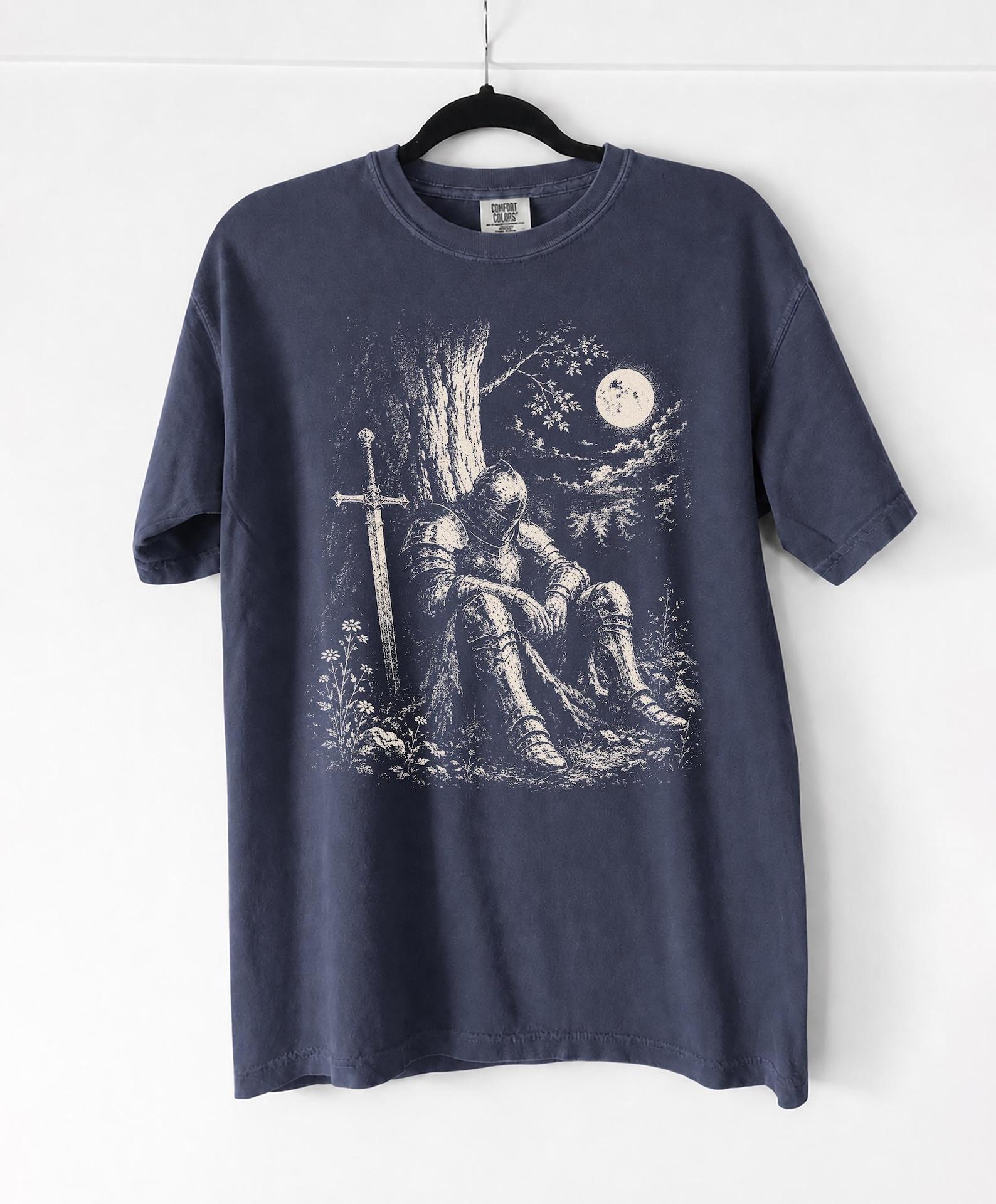 Dark Fantasy KnighT-Shirt, Gothic Moon Forest Graphic Tee, Medieval Armor T-Shirt S