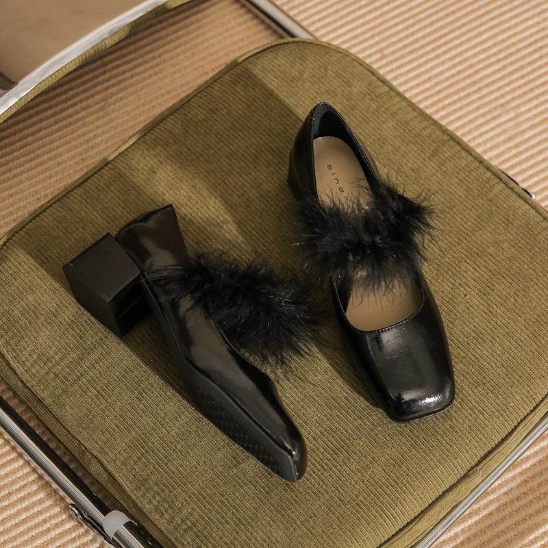 53310 [sheepskin] silver high heels women's 2025 new square head Mary Jane shoes thick heel Mao Mao single shoes