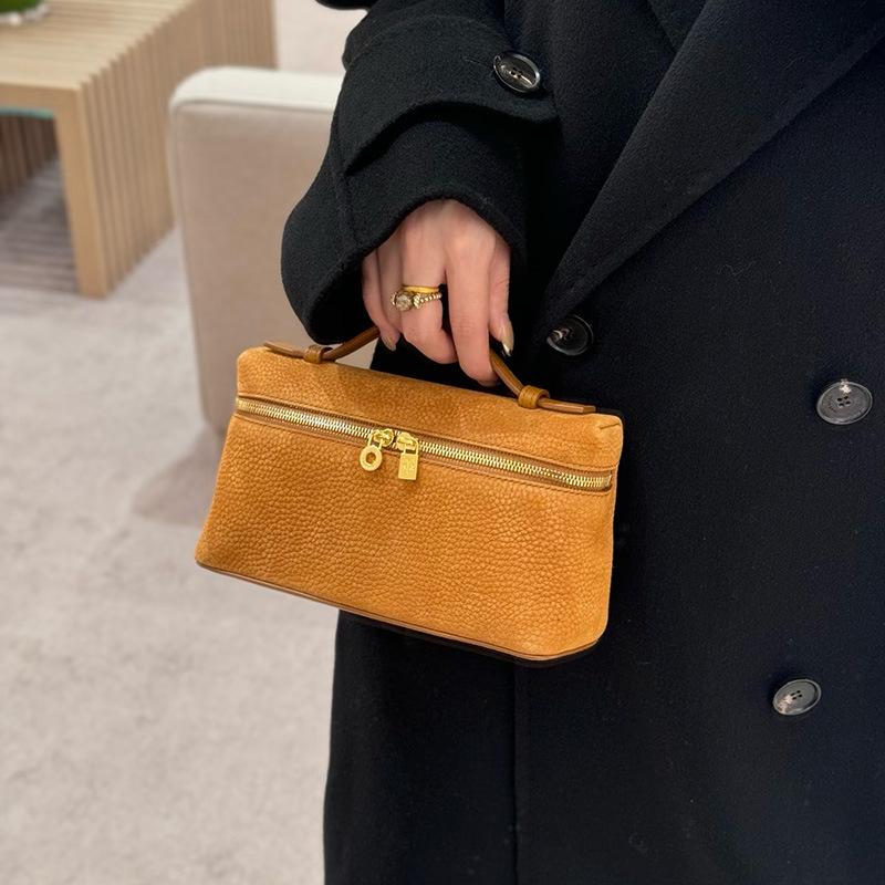 2025 New Gold Buckle Nubuckle Cowhide LP19 Lunch Box Bag Genuine Leather Versatile Small Square Bag Handheld One Shoulder Crossbody Bag for Women