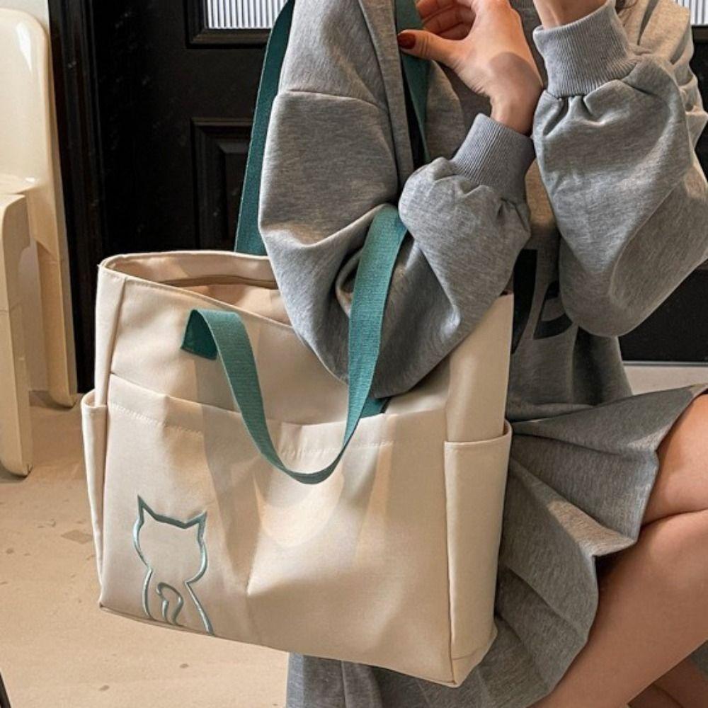 Embroidery Cat Lightweight Eco Bag Casual Nylon Shoulder Bag Nylon Tote Bag  Student