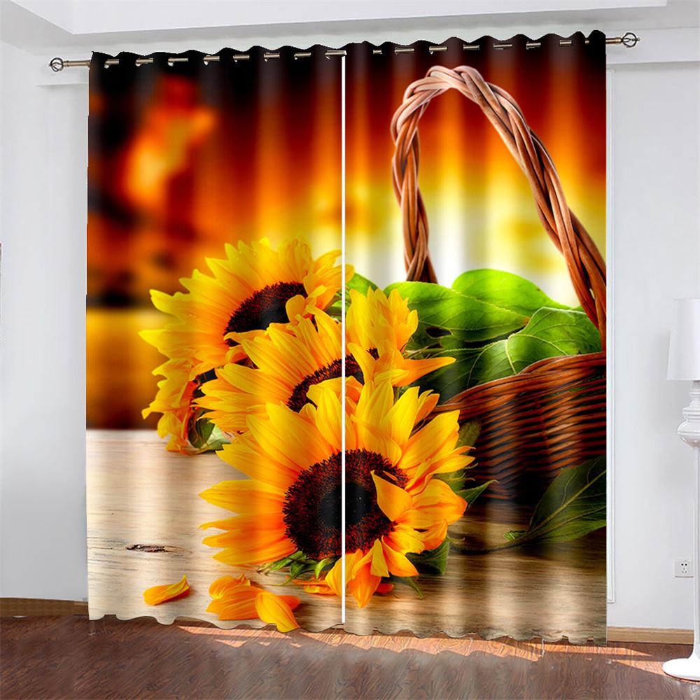 Sunflower Printed Woven Curtains Bedroom Blackout Curtains with Two Independent Curtains On The Left and Right