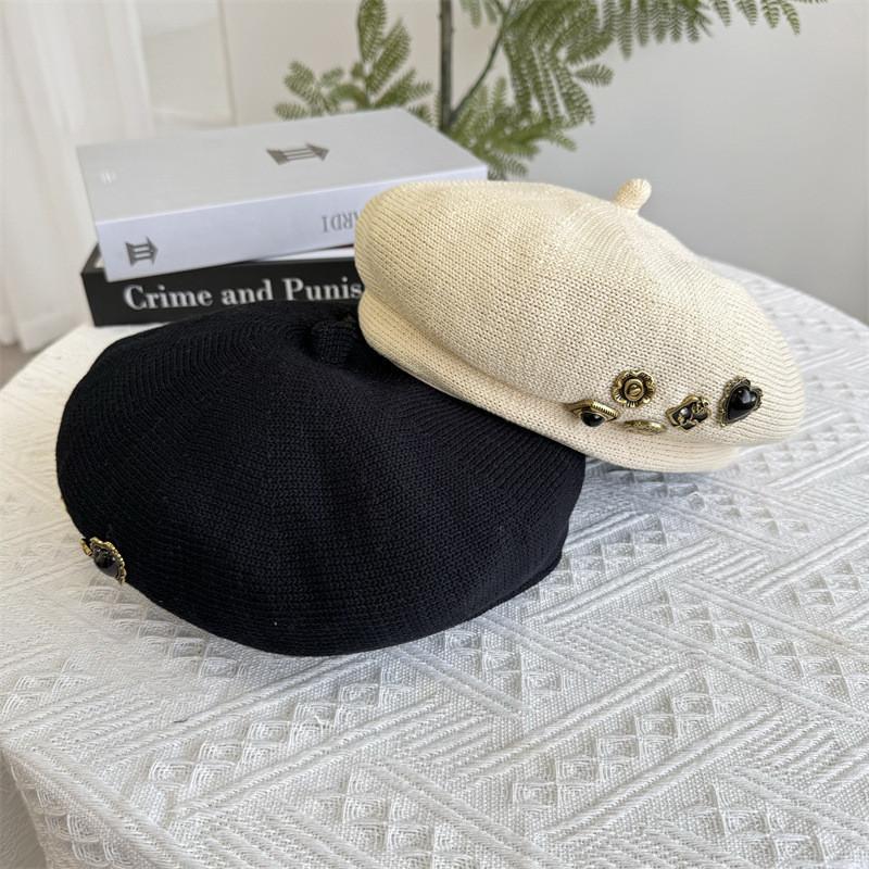 Elegant Japanese Style Oversized Button Decor Beret Hat Women's Fashionable Hollow Breathable Eight-panel Beret