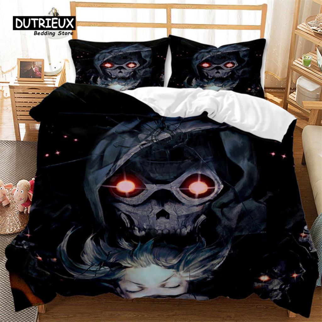 Dunkler Totenkopf Bettbezug Mikrofaser Gothic Skelett Bettwäsche Set Horror Thema Bettdeckenbezug Queen Für Teenager Erwachsene Schlafzimmer Deko