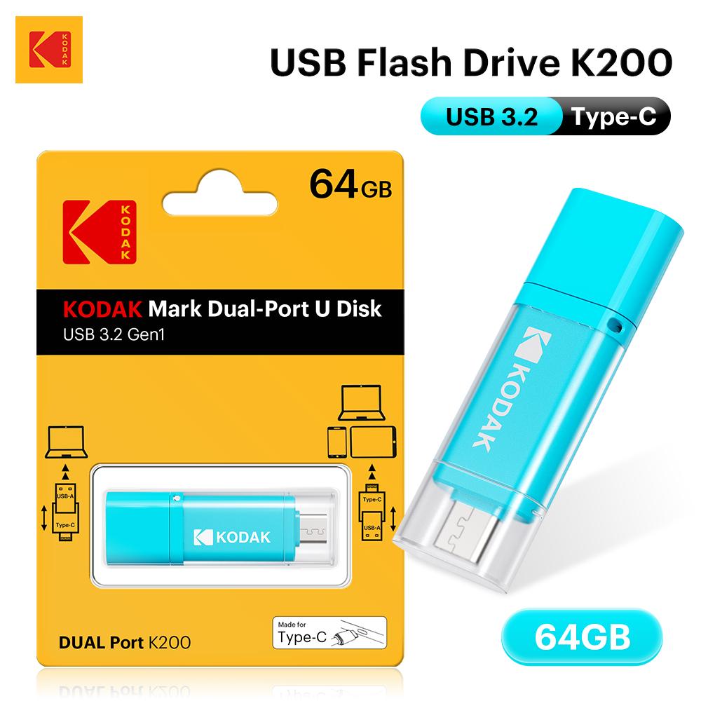 Kodak K200 USB 3.2 Flash Drive Dual Interface Type‑C & USB‑A OTG Memory Stick with Frosted Matte Finish 32GB/64GB/128GB/256GB for PC Phone Tablet Car