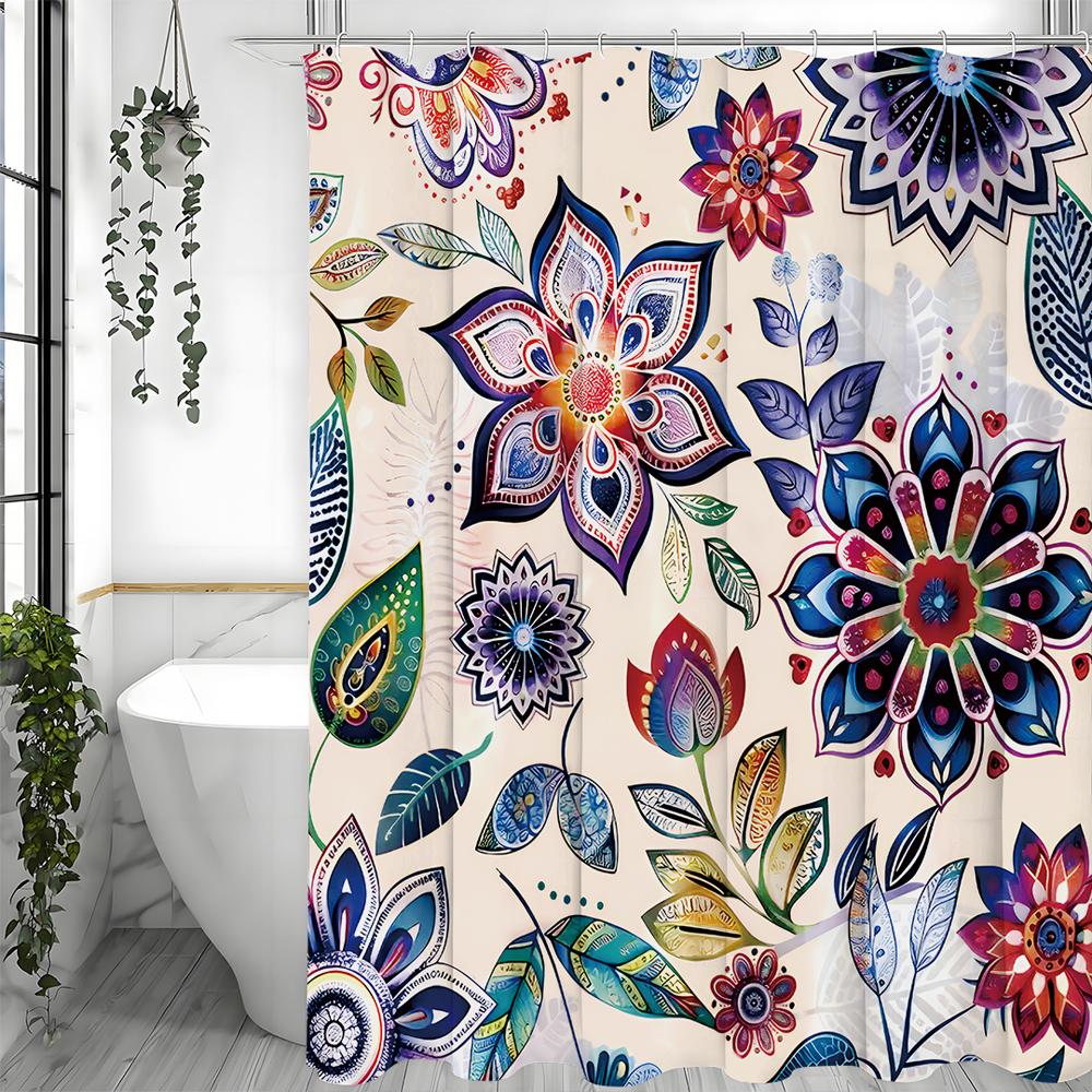 Blommig duschdraperi i bohemisk stil, Dekorativt duschdraperi för badrum, Vattentätt duschdraperi med krokar