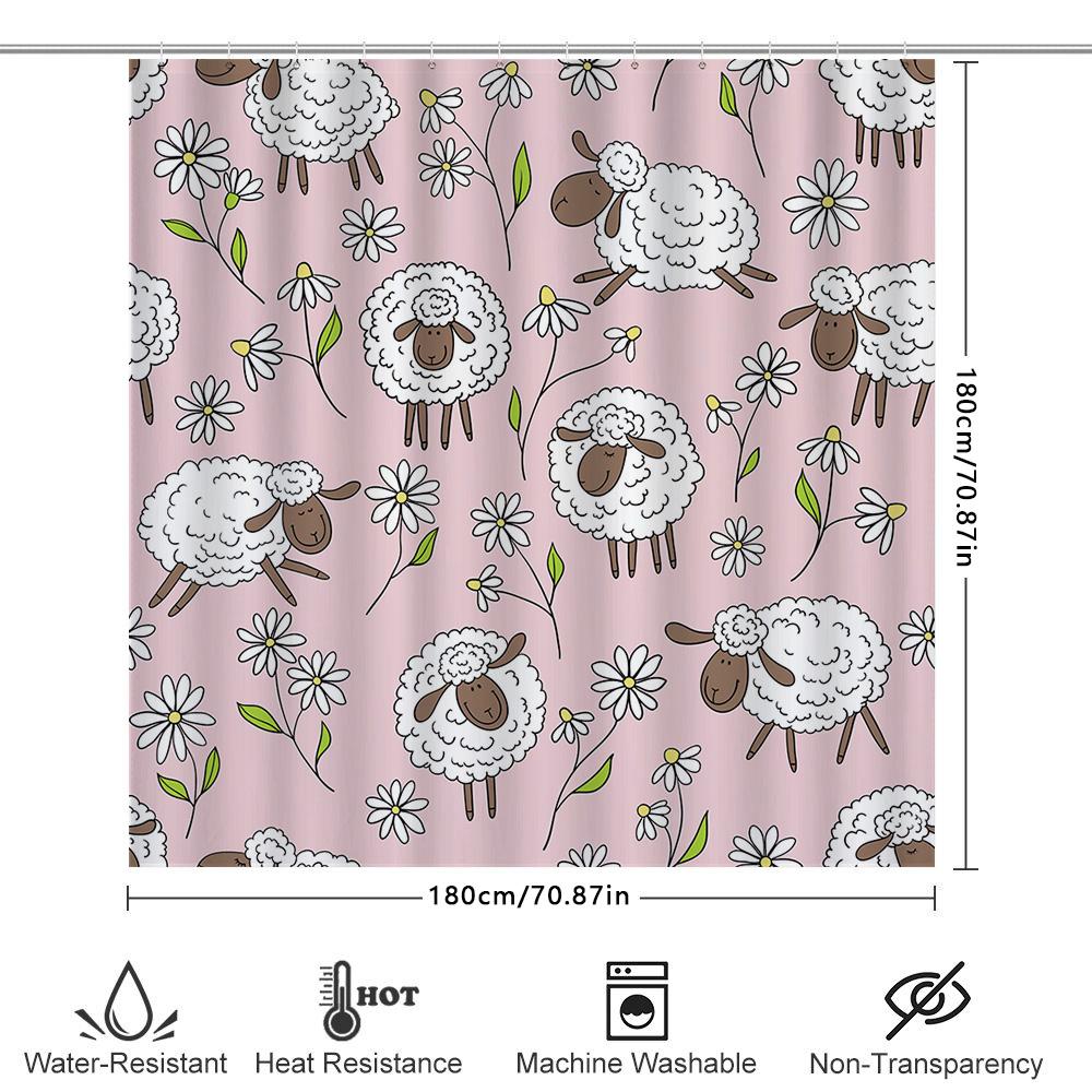 Pink Sheep Flower Shower Curtain Bathroom Decoration for Kids' Room or Kitchen