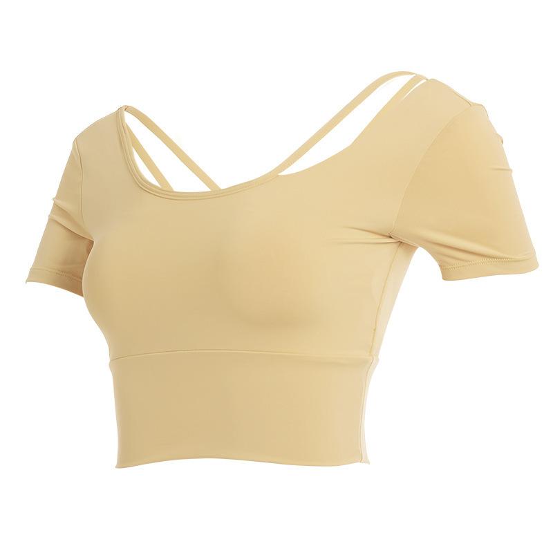 Women's Yoga Wear with Bra Pads, Pilates Tank Top, Short-sleeve T-shirt, Tight Quick-dry Short Fitness Top, Sleeveless