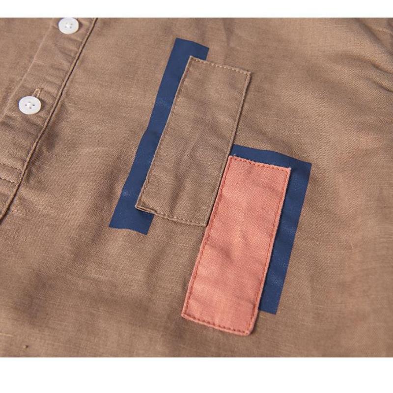 Summer Fashion Short Sleeve Shirts Daily Casual Men Tops Stitching Stand Collar Pullovers Shirt Youth Cotton Linen Breathable Men Clothing