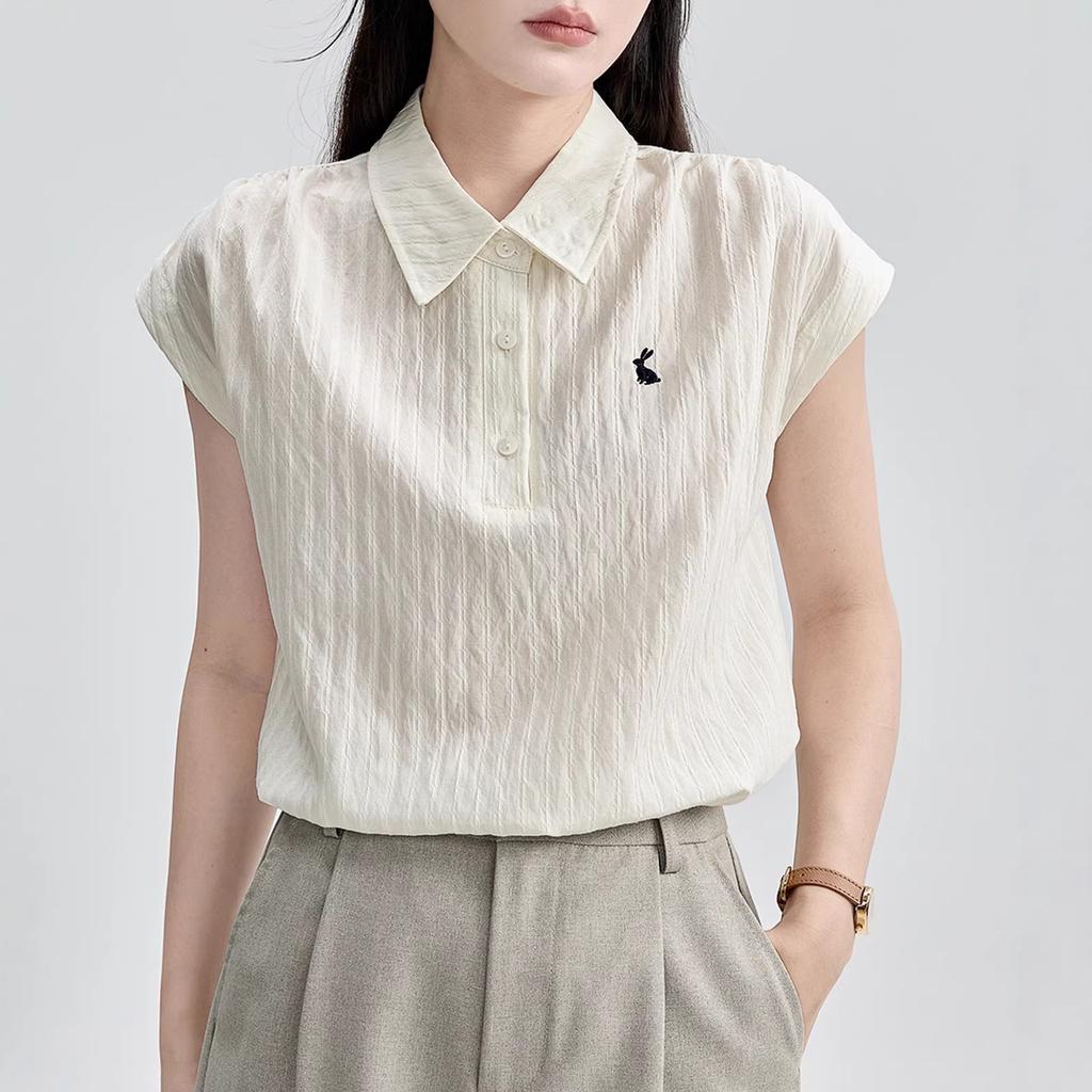 "Skin-friendly Comfortable Cotton" high-intelligence rabbit embroidery! Short-sleeve polo shirt for women, vintage loose casual top