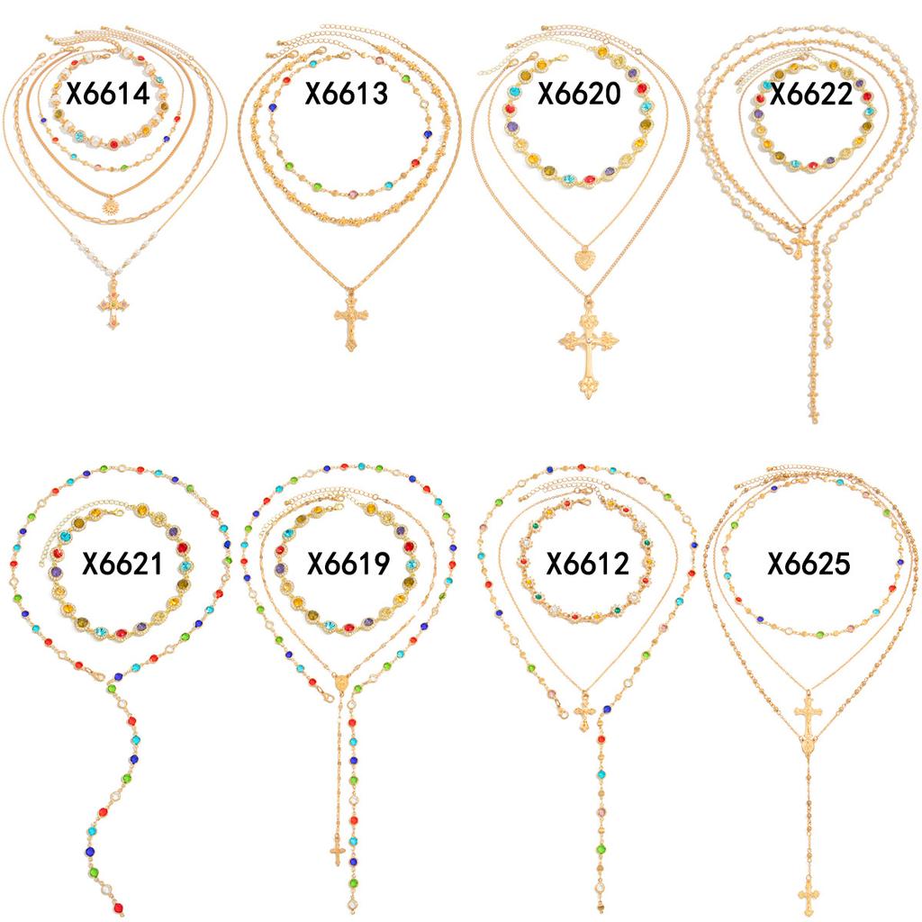 Hip-Hop Diamond-Encrusted Cross Pendant Necklace, Fashionable Imitation Pearl Flower Chain Stacked Necklace