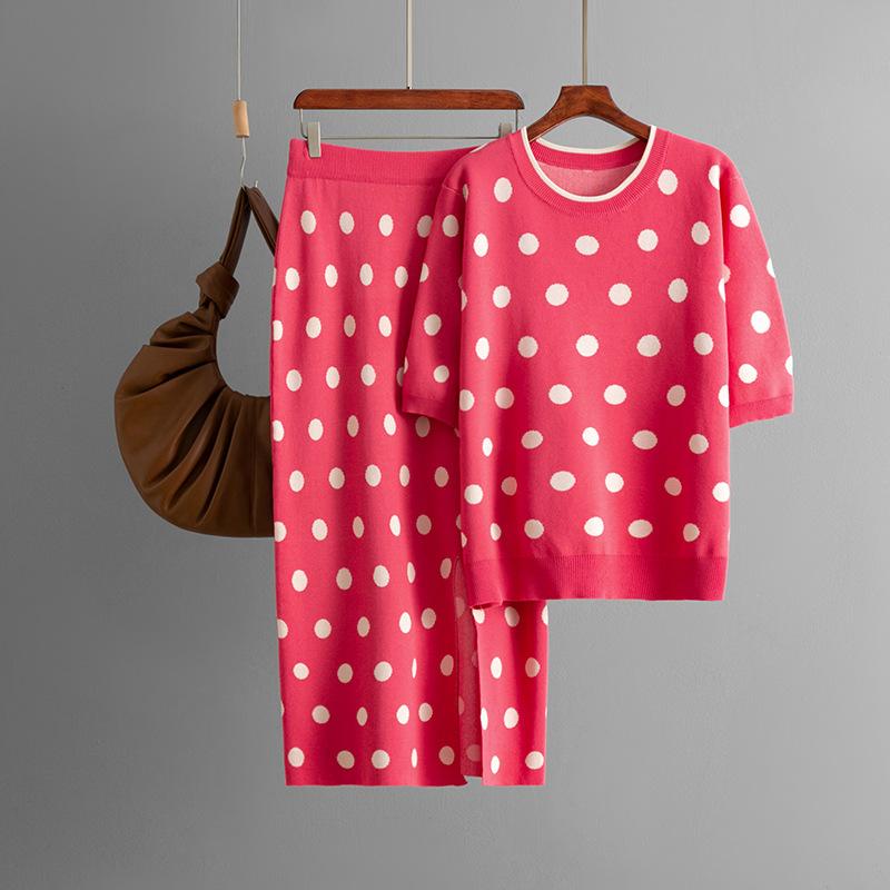 

Летний трикотажный свитер с короткими рукавами в горошек, модный комплект, юбка-полусолнце с разрезом, облегающая бедра, с высокой посадкой, комплект из двух предметов OneSize арбуз красный