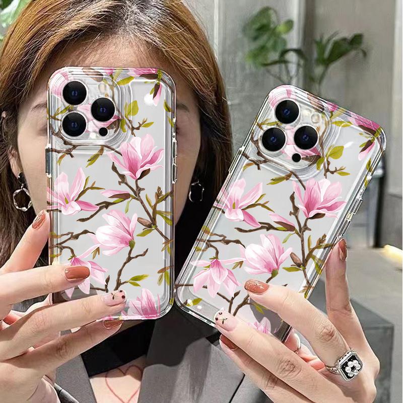 Pink Magnolia Branch Pattern Phone Case for iPhone 17 16 15 14 13 12 11 16E Series Pro Max Plus Double Layer Protection