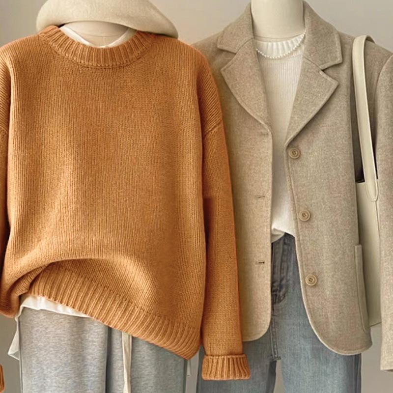 

Retro dark green sweater women s autumn and winter loose lazy wind round neck pullover base, thickened knitted sweater inside average size оранжевый