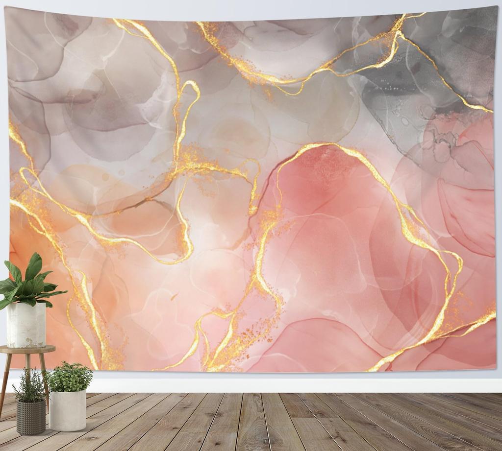 Pink and Grey Marble Tapestry for Bedroom Gold Striped Luxury Geometric Wall Tapestry Abstract Textured Tapestries Backdrop