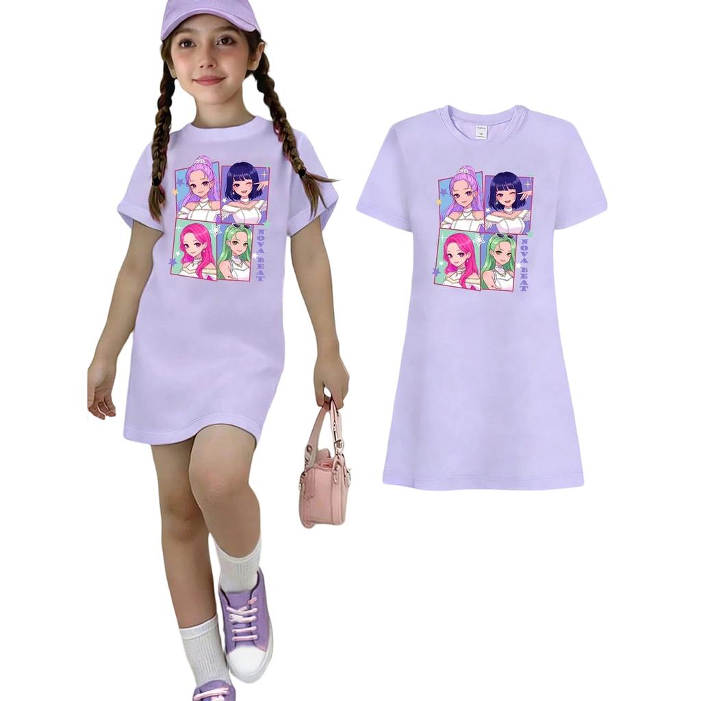 Girls Print Casual Dress Kids Loose Round Neck Short Sleeve Thin Sundress