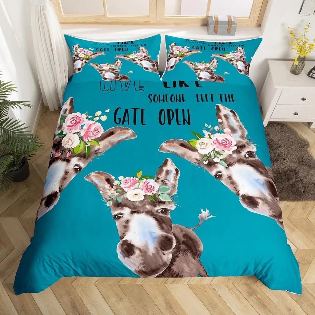 Donkey King Queen Duvet Cover Cartoon Funny Donkey Bedding Set Farmhouse Animal Comforter Cove Sunflower Polyester Quilt Cover