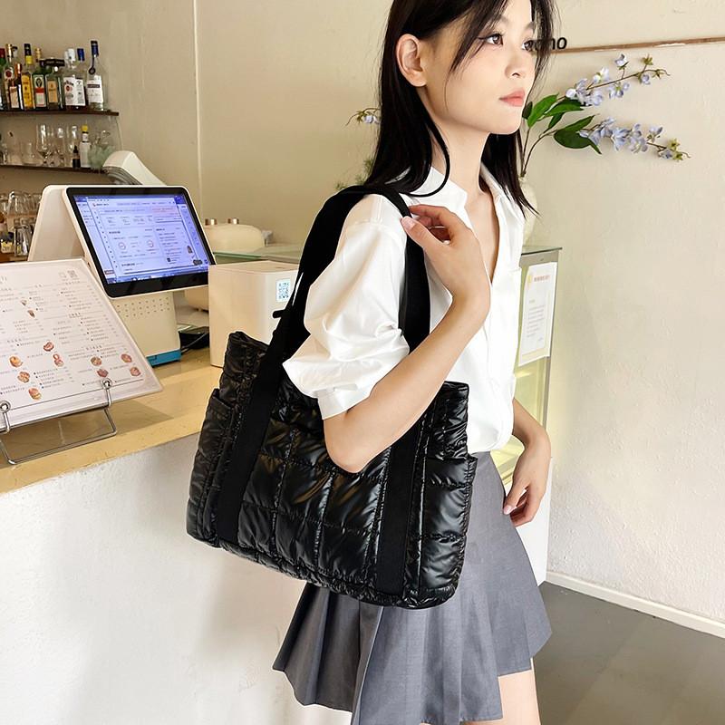 Cotton Tote Bag With Grid Pattern For Casual Daily Use